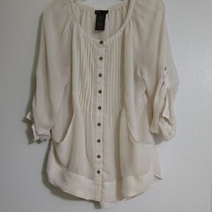 Sheer Grace Cream Blouse with Pleated Details And Pockets